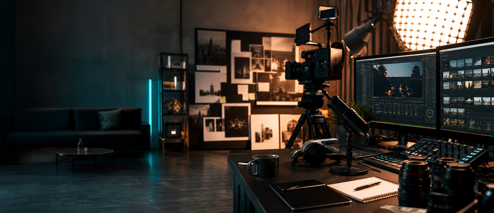 Estudio de medios moderno con cámaras, luces y mesa de edición